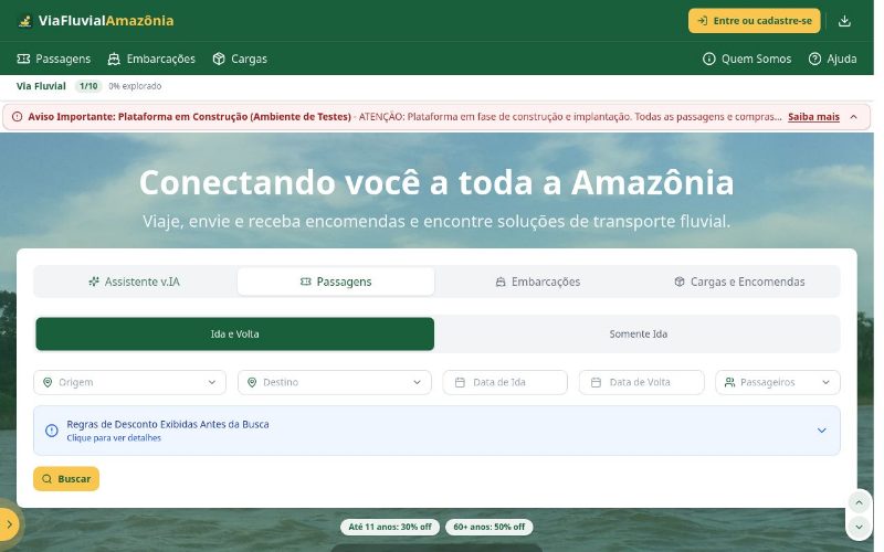 Página inicial e busca de passagens - Aba Passagens - formulário de busca