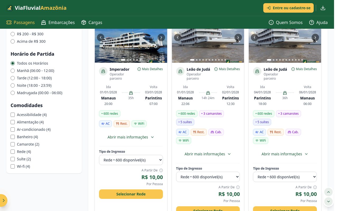 Resultados - escolha da viagem - Lista de viagens